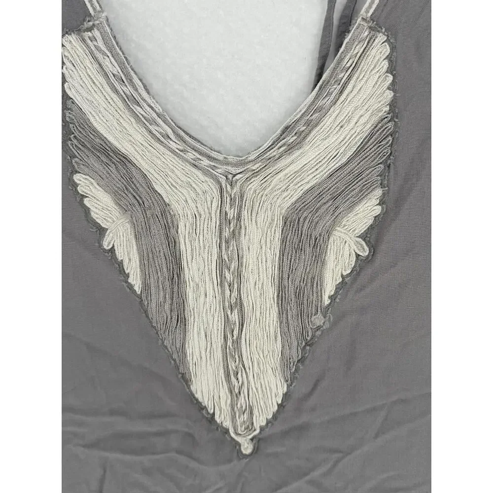 Free People Gray Embroidered Open Back Cold Shoulder Tunic Top Sz S - Picture 4 of 5